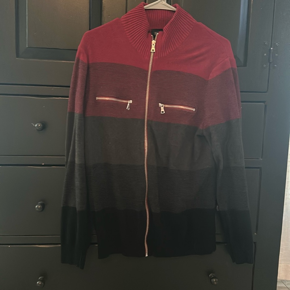 Men’s INC black, red, grey zip up long sleeve sweater. Size large.